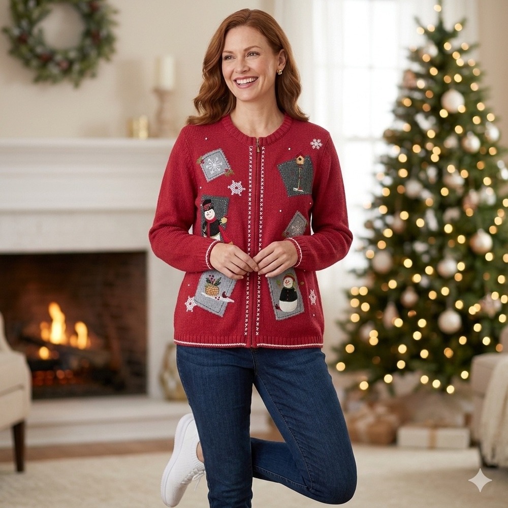 Croft &‎ Barrow Womens Size XL Vintage Style Snowman Zip Cardigan Sweater Red